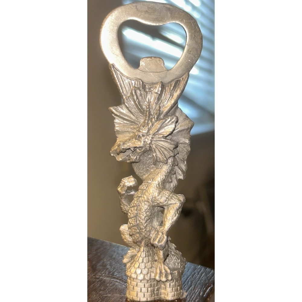 Vintage Standing Dragon Fire castle Pewter Beer Bottle Opener D&D RPG 4 1/8in
